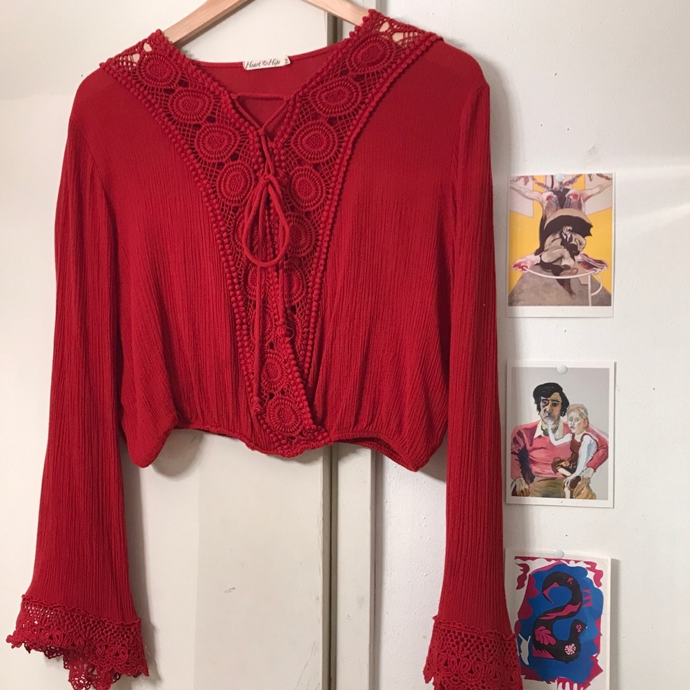 Cropped Red Blouse Top w/ long flare sleeves Large